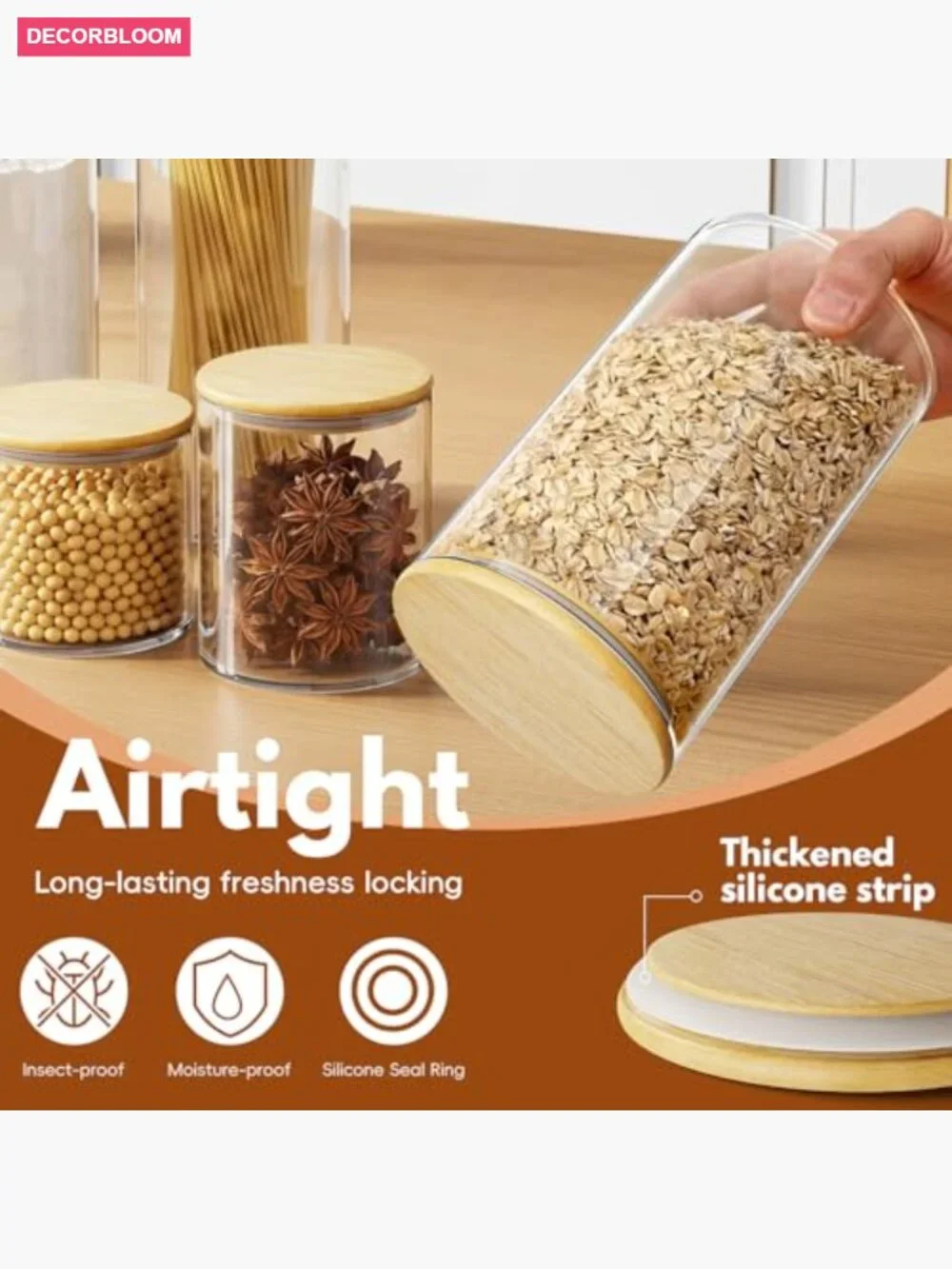 5-Pack Glass Jars with Bamboo Lids, Airtight Kitchen Canisters